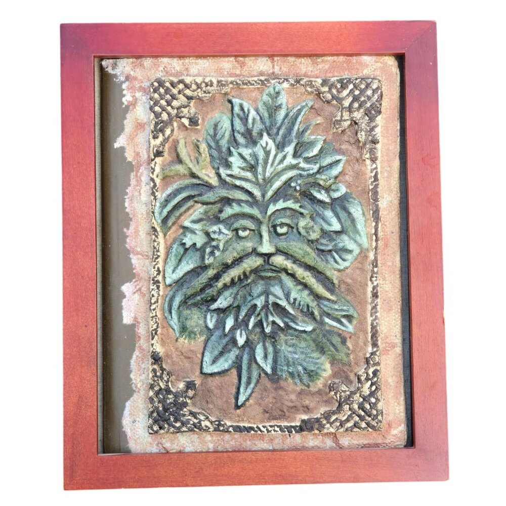Handcrafted Green Man Art Journal In Hinged Frame Paper Mache Art Decor 11 x 9